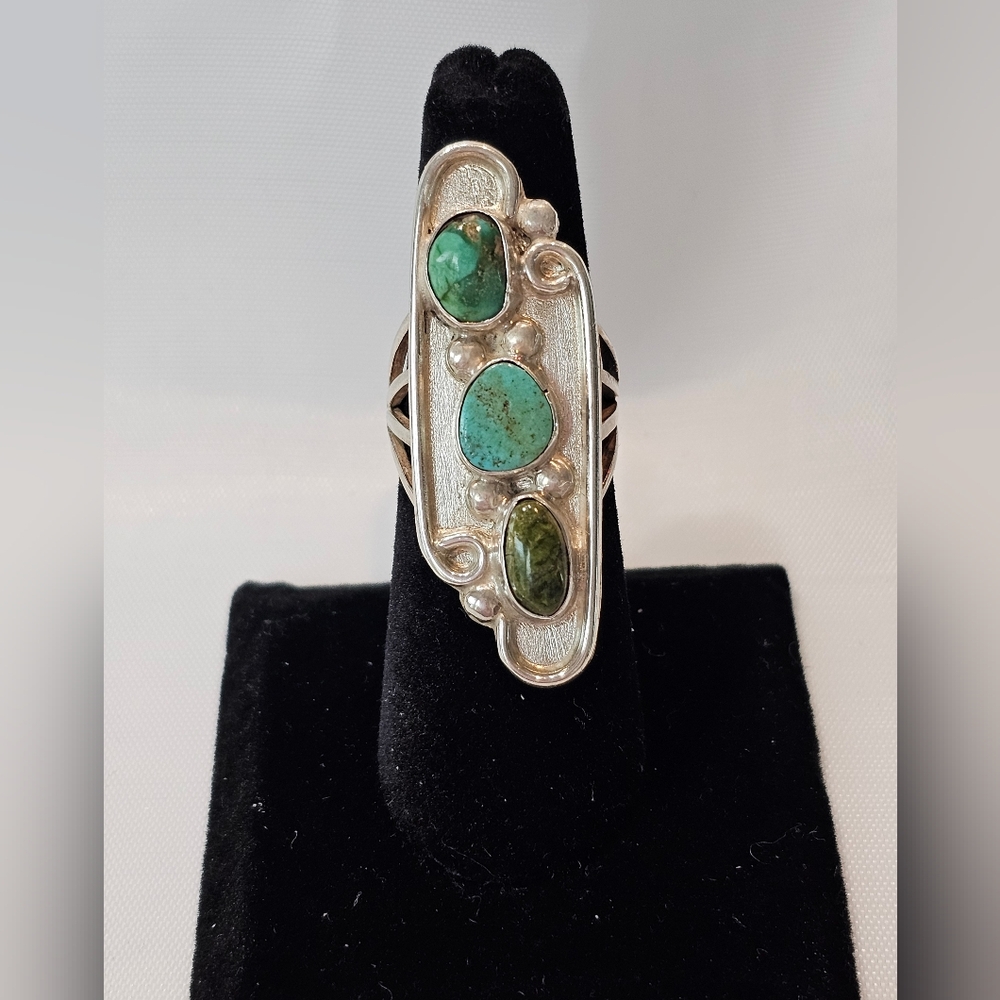 Native American 3 Turquoise Leaf Ring, Silver, Size 6, Vintage